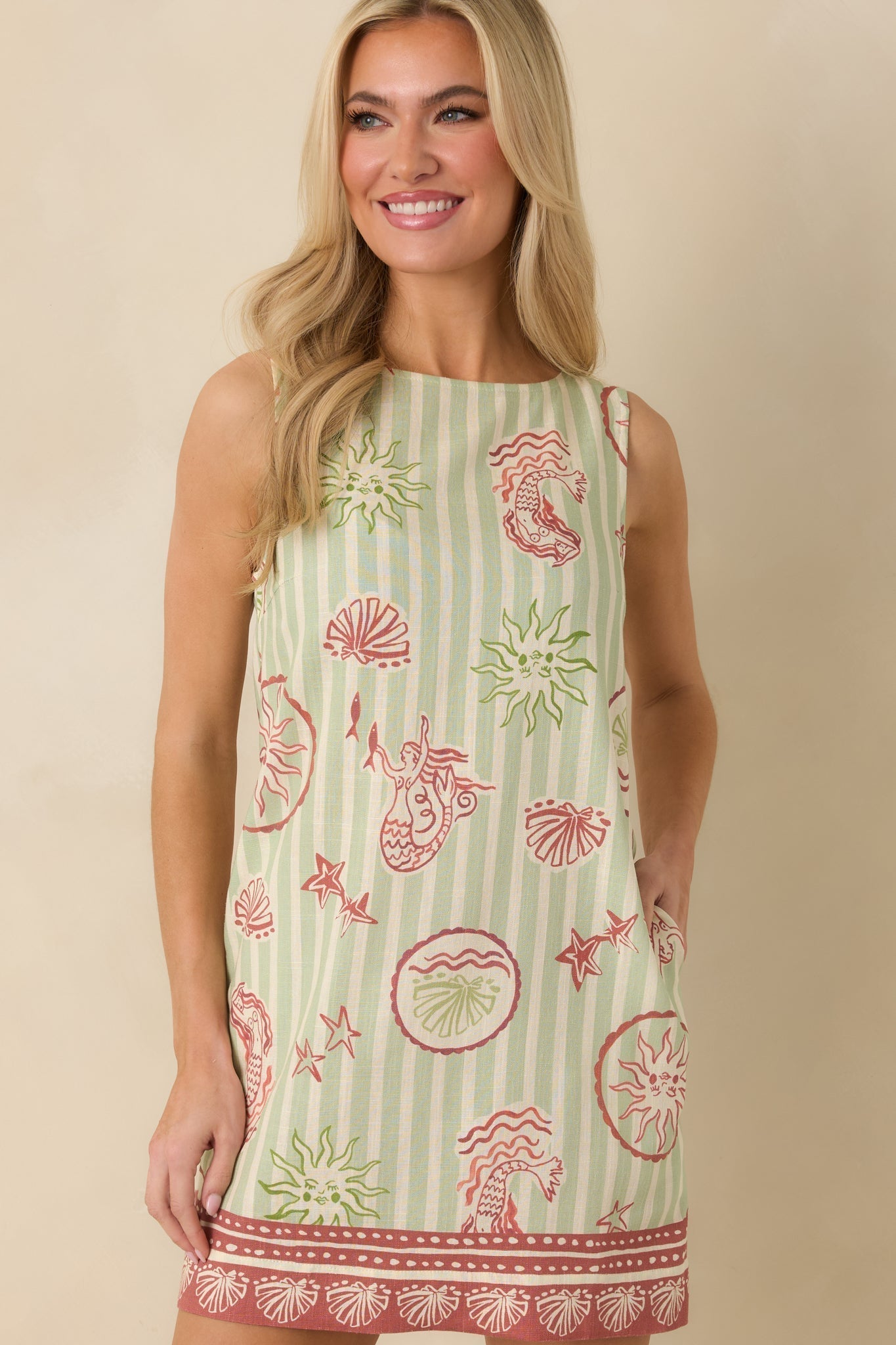 Women's MINKPINK Soleil Green Stripe Linen Blend Shift Mini Dress | 85% Viscose & 15% Linen 6