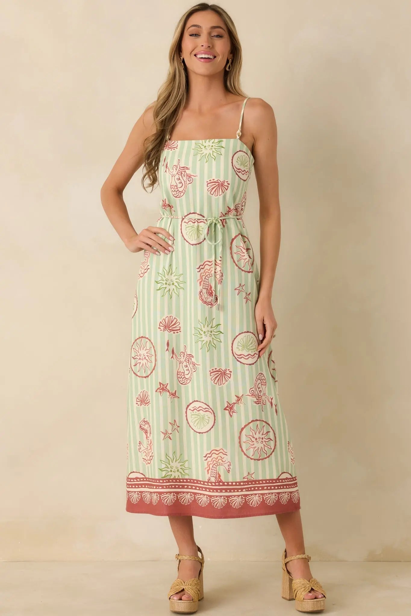 Women's MINKPINK Soleil Green Stripe Linen Blend Tie-Waist Midi Dress | 85% Viscose & 15% Linen 0