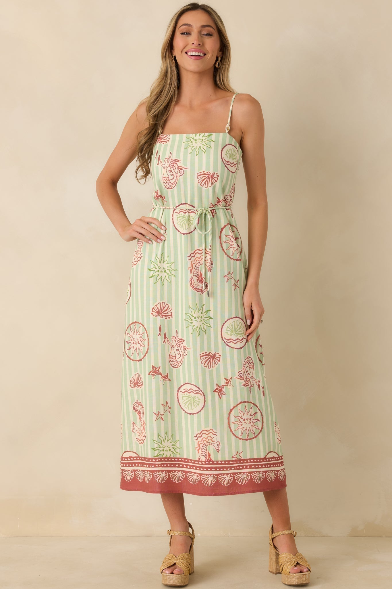 Women's MINKPINK Soleil Green Stripe Linen Blend Tie-Waist Midi Dress | 85% Viscose & 15% Linen 0