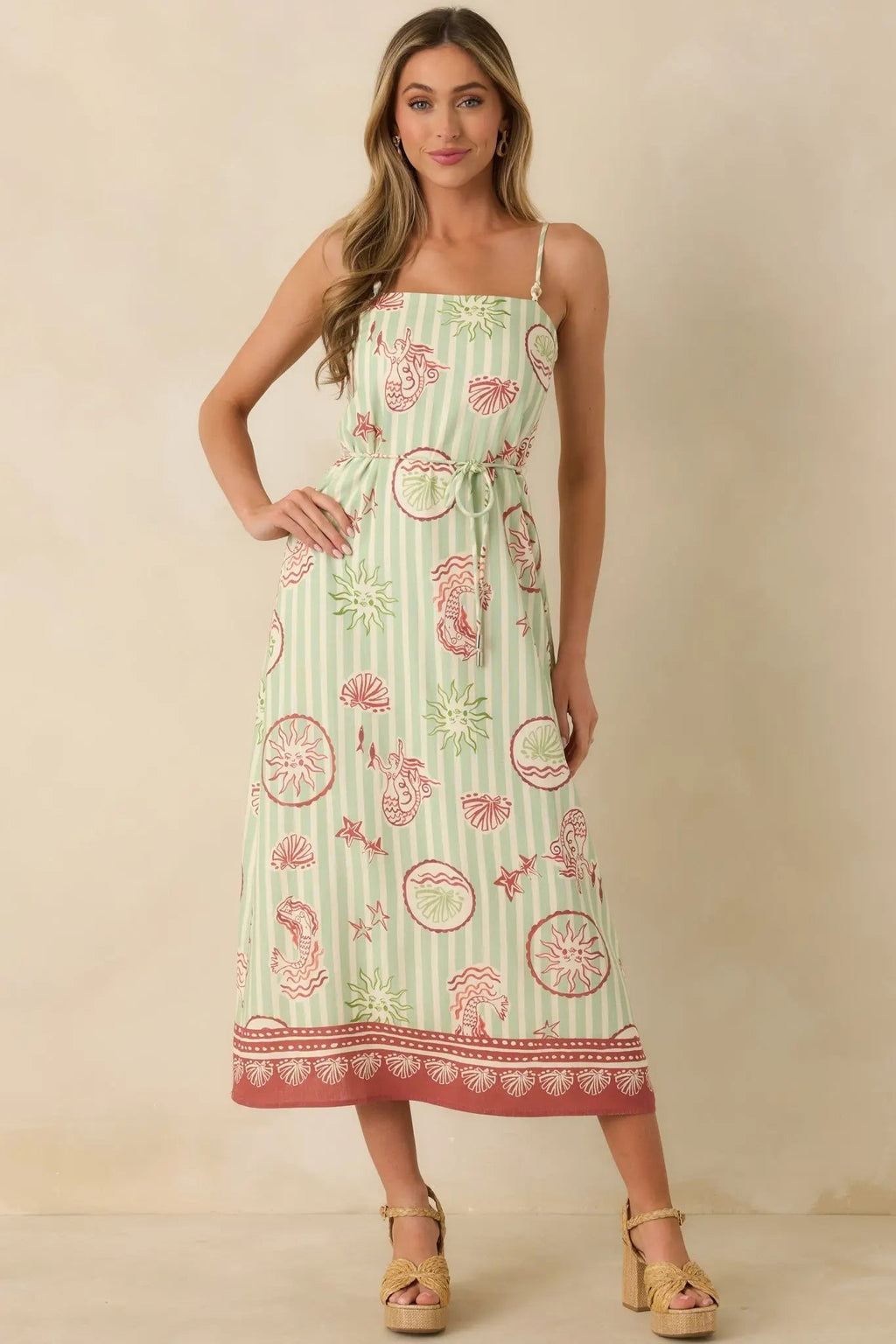 Women's MINKPINK Soleil Green Stripe Linen Blend Tie-Waist Midi Dress | 85% Viscose & 15% Linen 2