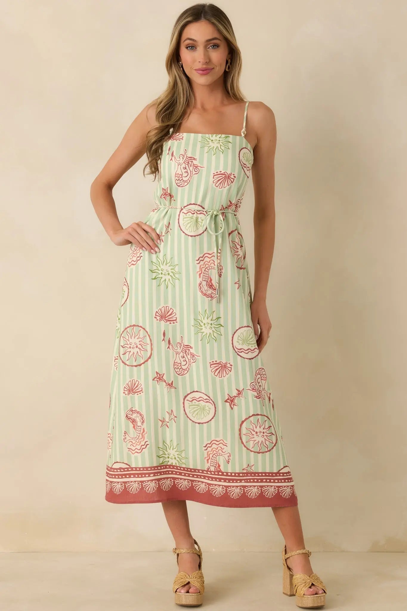 Women's MINKPINK Soleil Green Stripe Linen Blend Tie-Waist Midi Dress | 85% Viscose & 15% Linen 2