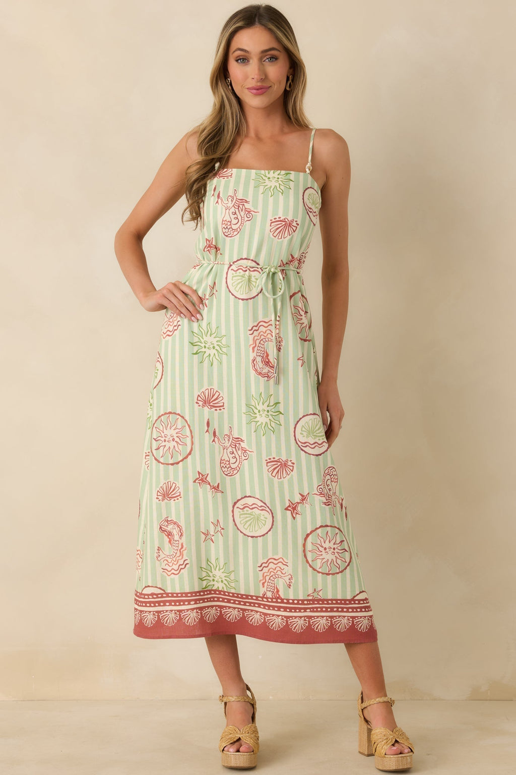 Women's MINKPINK Soleil Green Stripe Linen Blend Tie-Waist Midi Dress | 85% Viscose & 15% Linen 2