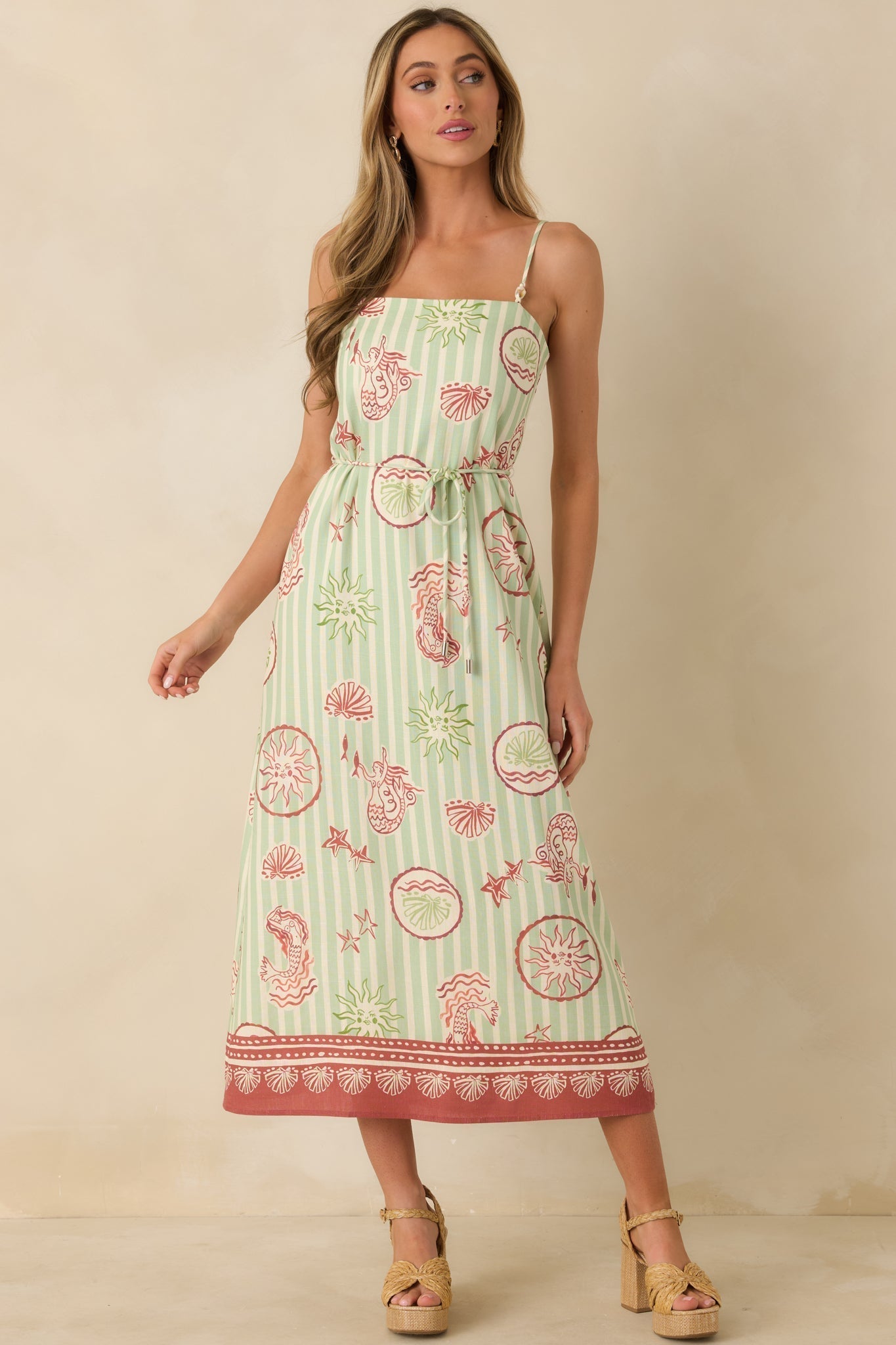 Women's MINKPINK Soleil Green Stripe Linen Blend Tie-Waist Midi Dress | 85% Viscose & 15% Linen 3