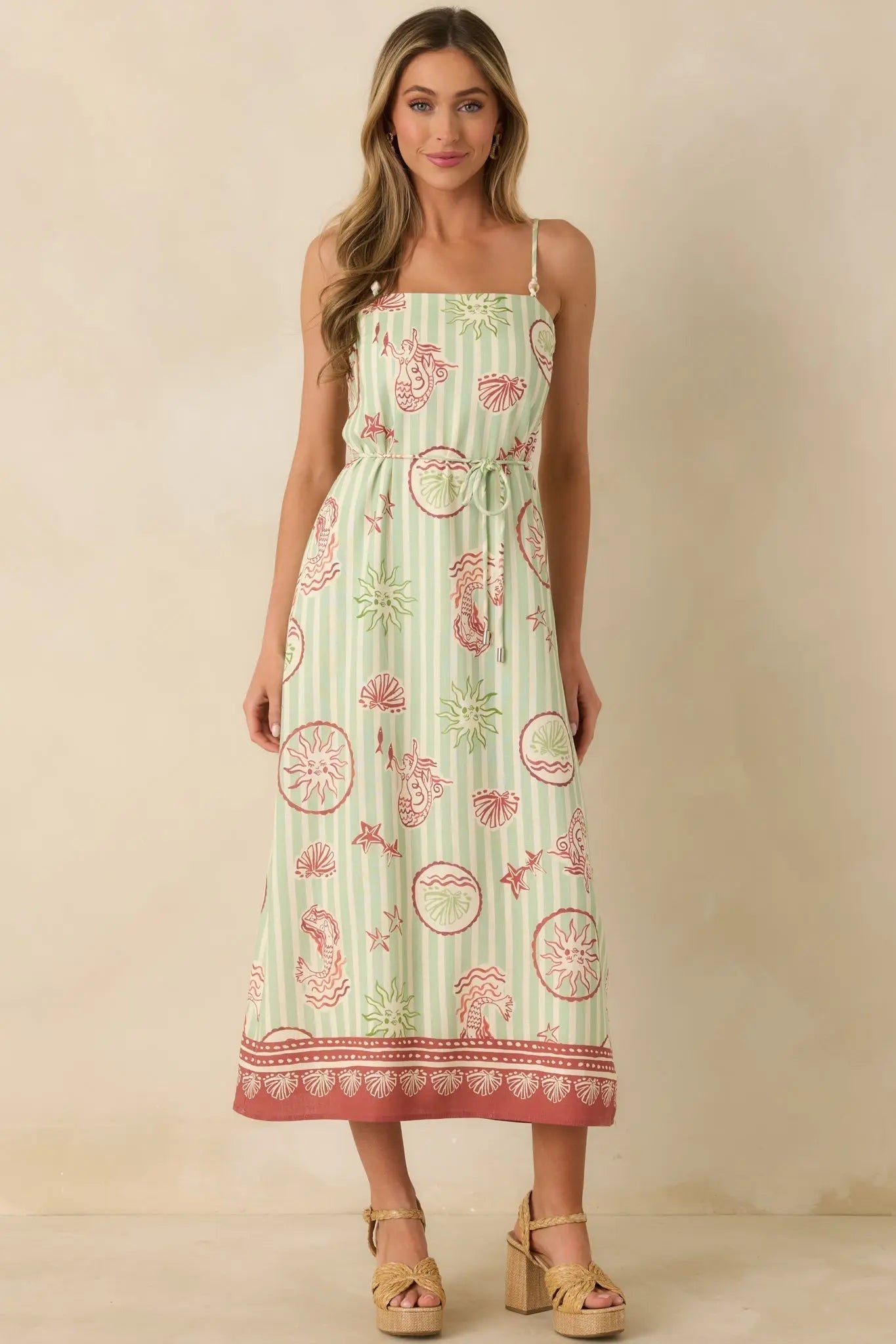 Women's MINKPINK Soleil Green Stripe Linen Blend Tie-Waist Midi Dress | 85% Viscose & 15% Linen 4