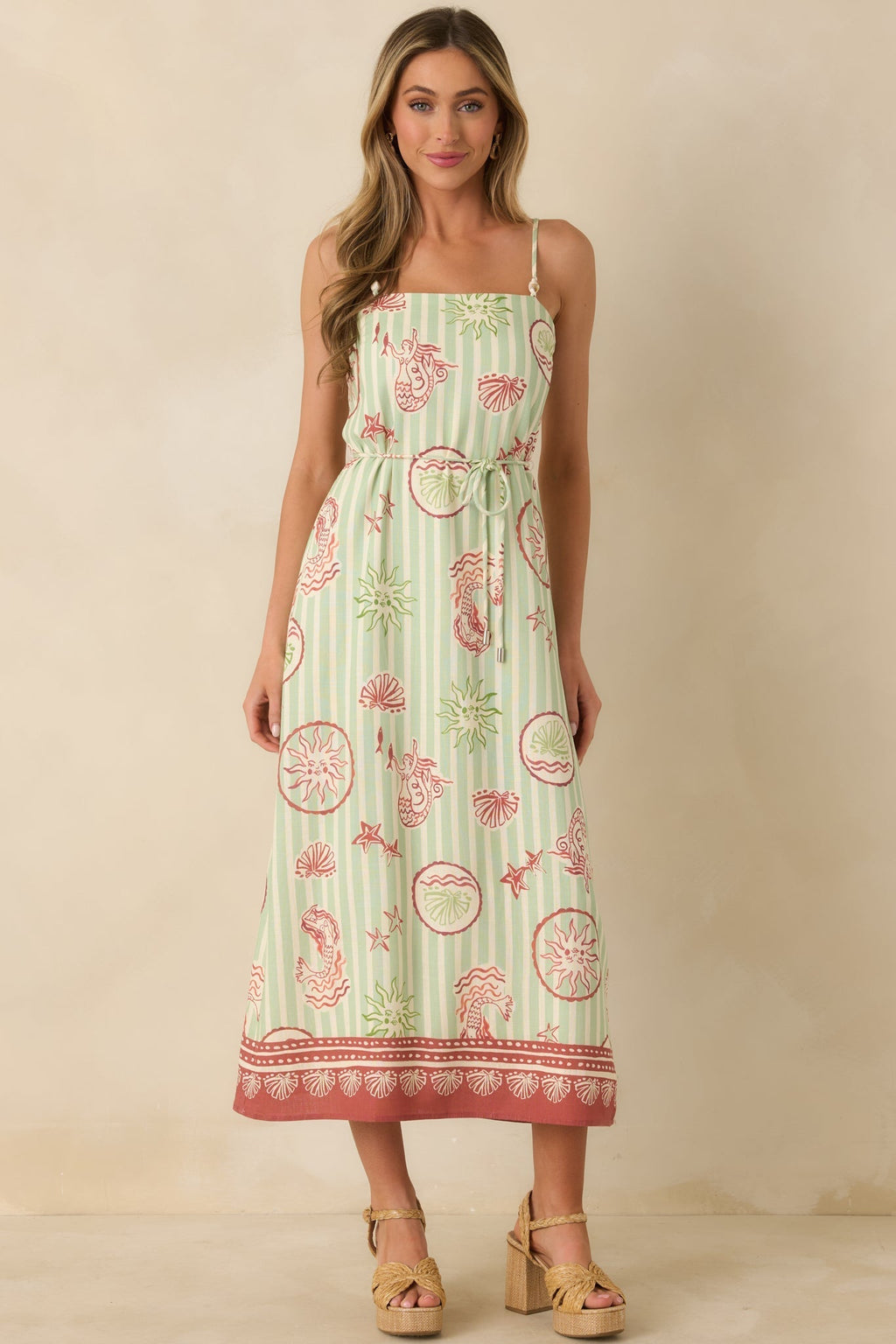 Women's MINKPINK Soleil Green Stripe Linen Blend Tie-Waist Midi Dress | 85% Viscose & 15% Linen 4