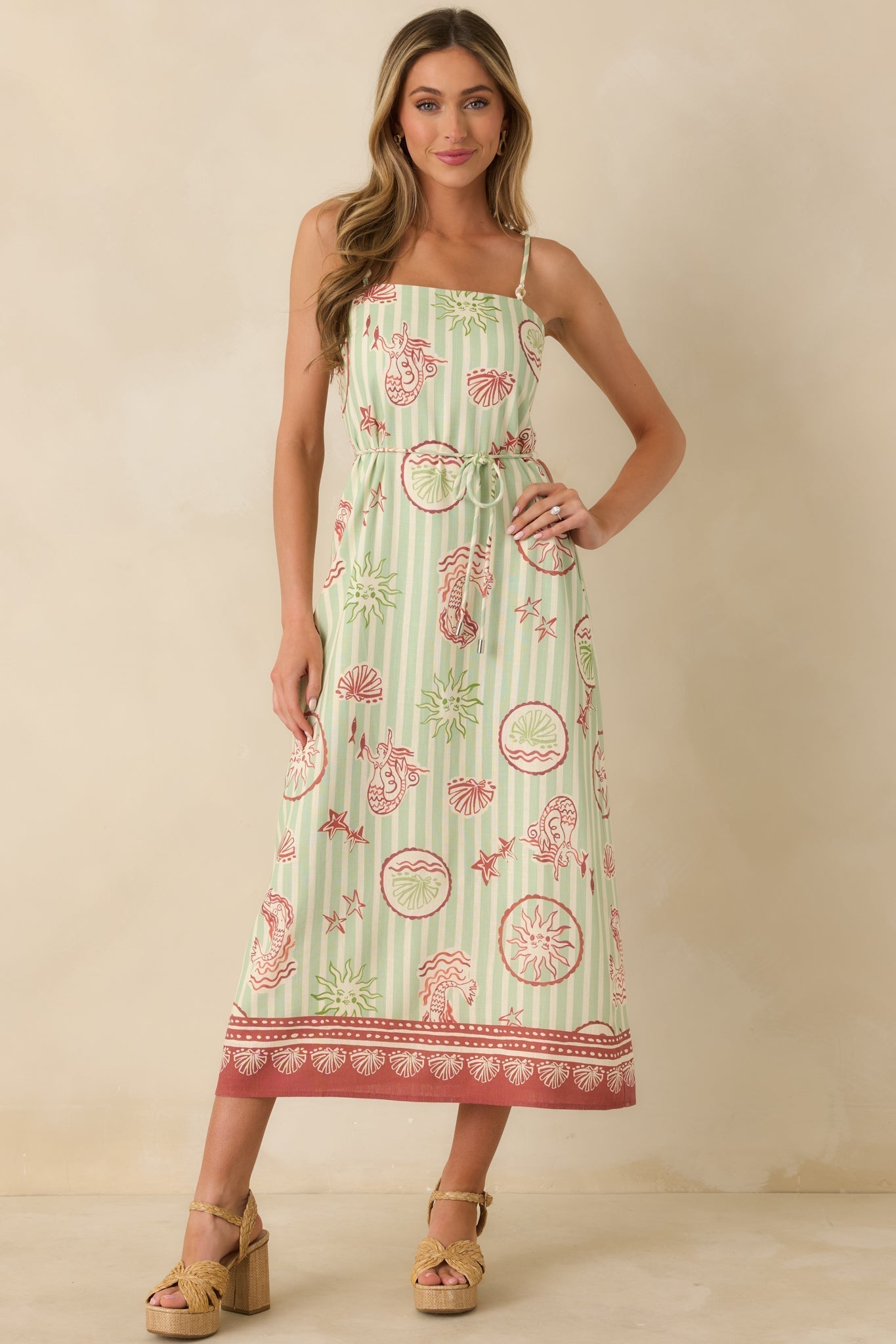 Women's MINKPINK Soleil Green Stripe Linen Blend Tie-Waist Midi Dress | 85% Viscose & 15% Linen 5