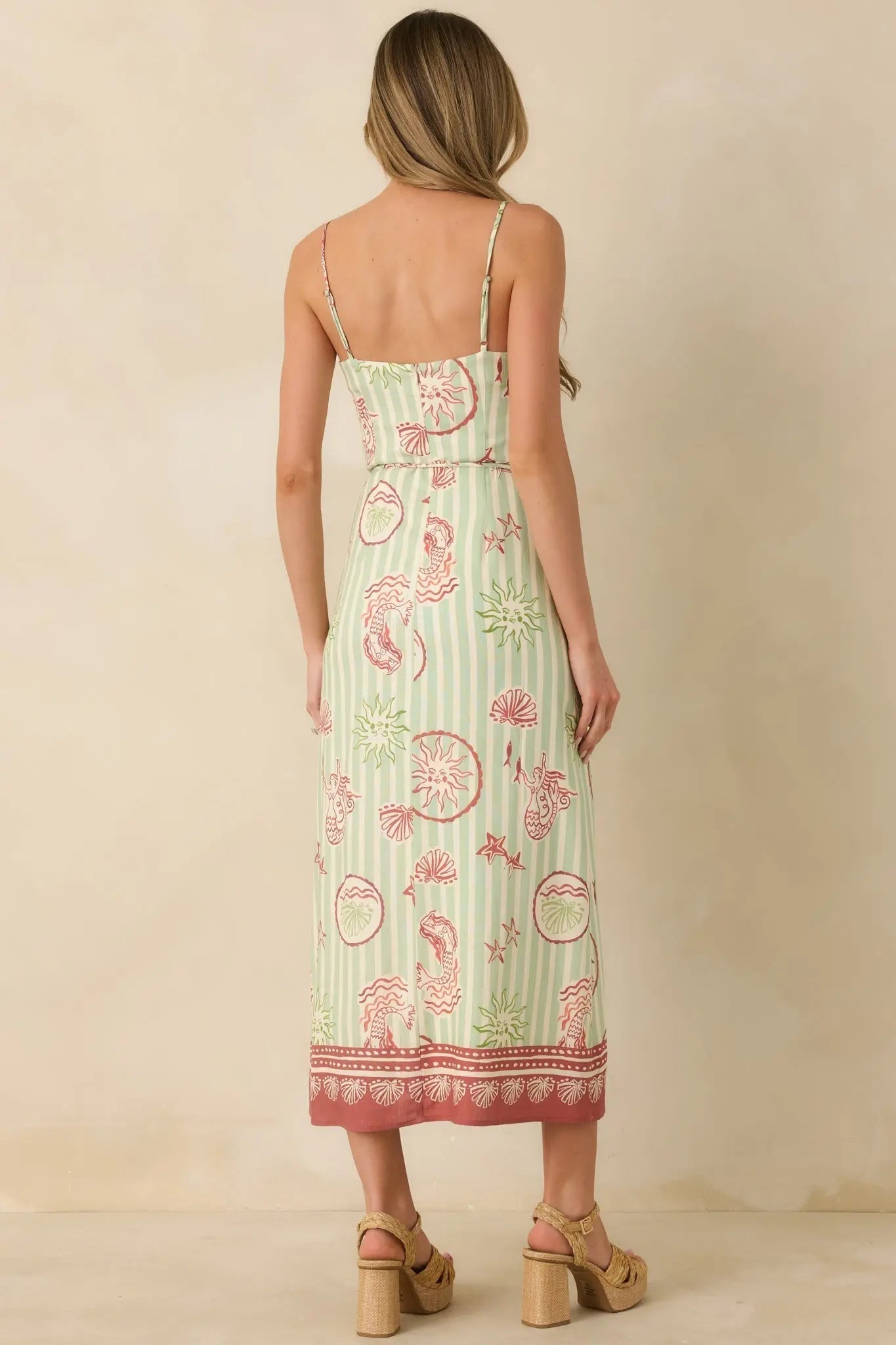 Women's MINKPINK Soleil Green Stripe Linen Blend Tie-Waist Midi Dress | 85% Viscose & 15% Linen 6