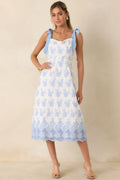 Women's Made For Lovely Days Blue Embroidered Cotton Tie-Strap Midi Dress | 100% Cotton 0