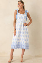 Women's Made For Lovely Days Blue Embroidered Cotton Tie-Strap Midi Dress | 100% Cotton 3