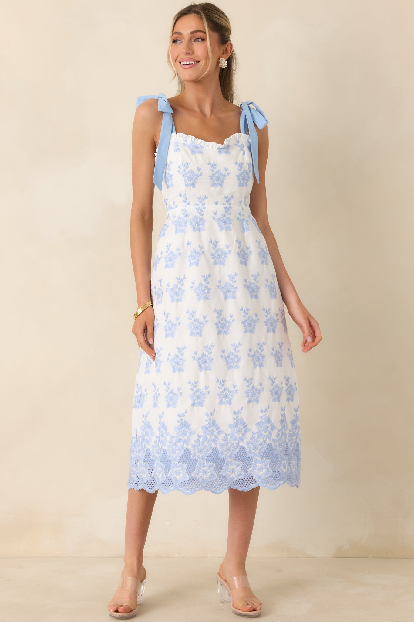 Women's Made For Lovely Days Blue Embroidered Cotton Tie-Strap Midi Dress | 100% Cotton 4