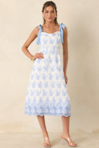 Women's Made For Lovely Days Blue Embroidered Cotton Tie-Strap Midi Dress | 100% Cotton 5