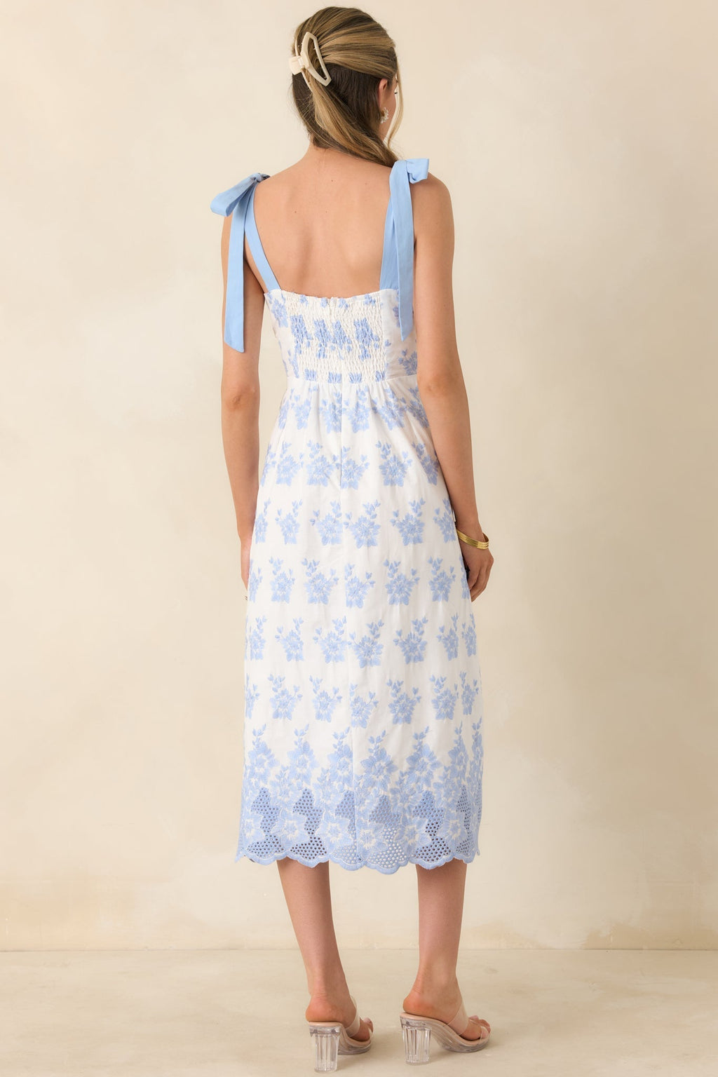 Women's Made For Lovely Days Blue Embroidered Cotton Tie-Strap Midi Dress | 100% Cotton 6