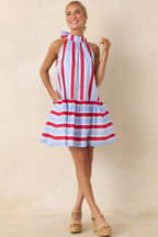 Women's Made for Fireworks Red & Light Blue Stripe Cotton Halter Tiered Midi Dress | 100% Cotton 0