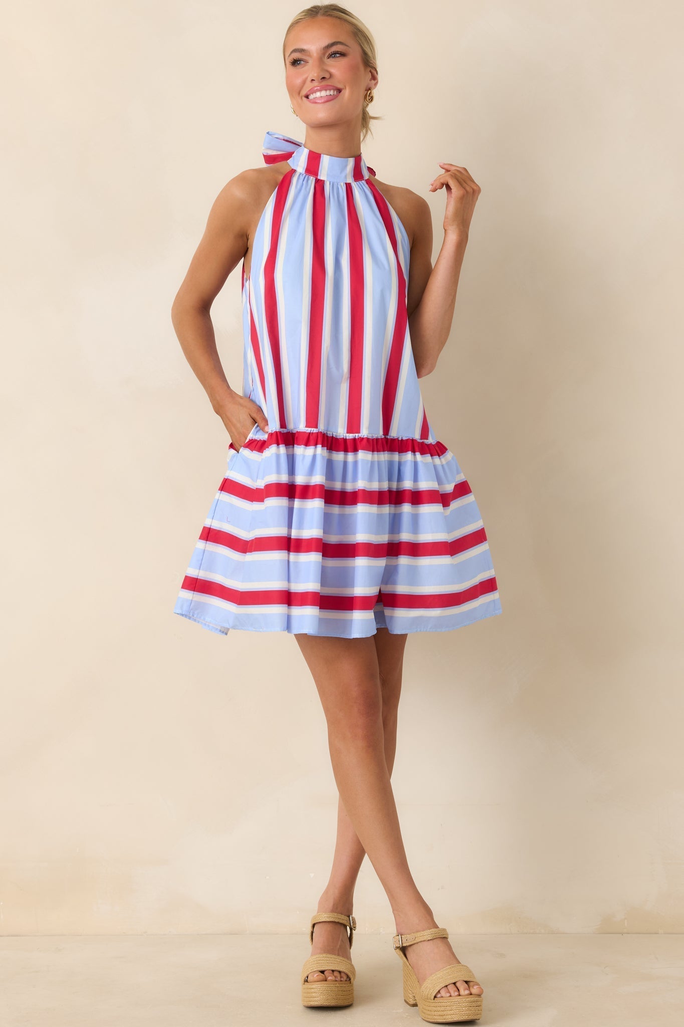 Women's Made for Fireworks Red & Light Blue Stripe Cotton Halter Tiered Midi Dress | 100% Cotton 0