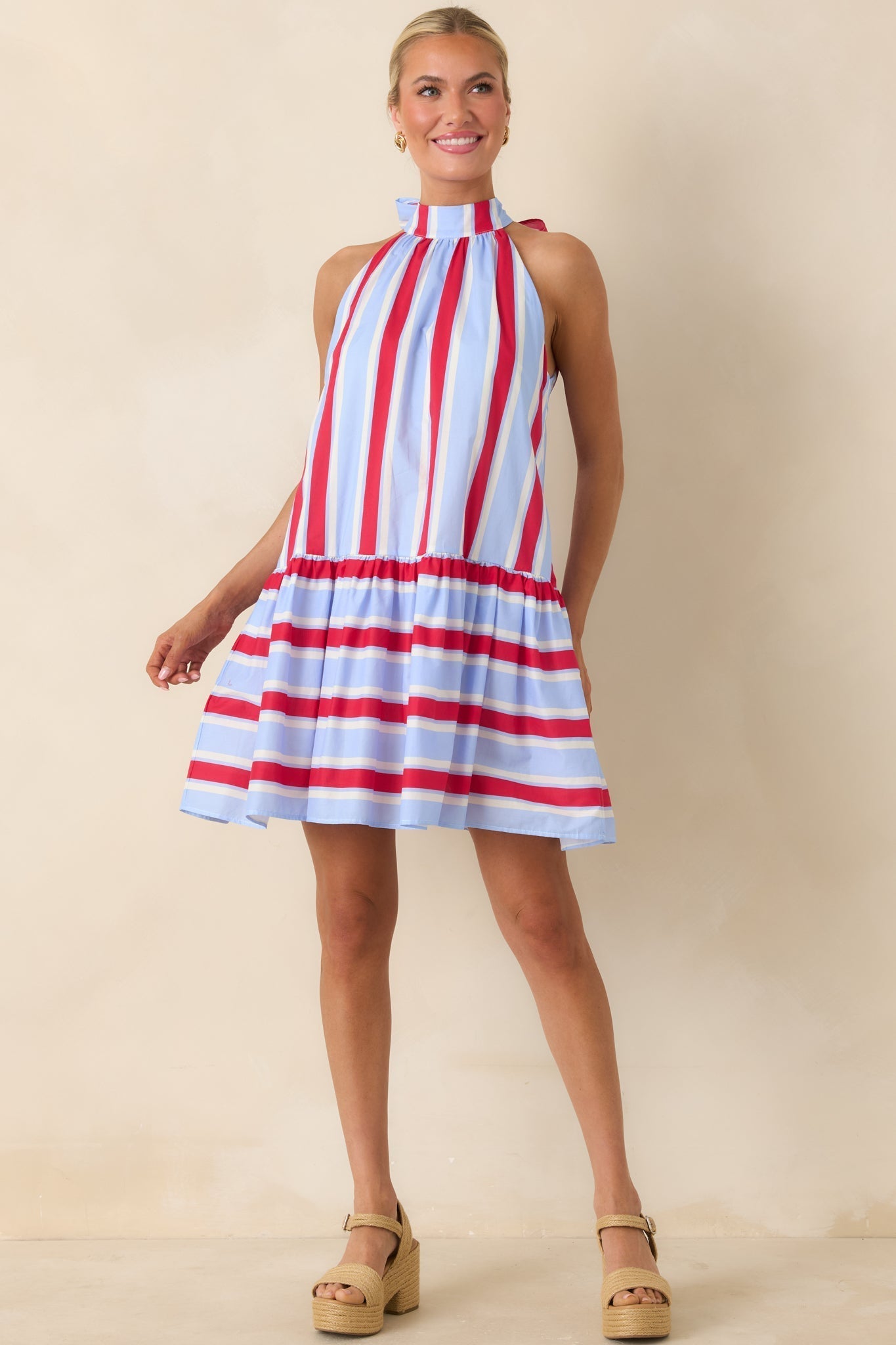 Women's Made for Fireworks Red & Light Blue Stripe Cotton Halter Tiered Midi Dress | 100% Cotton 1
