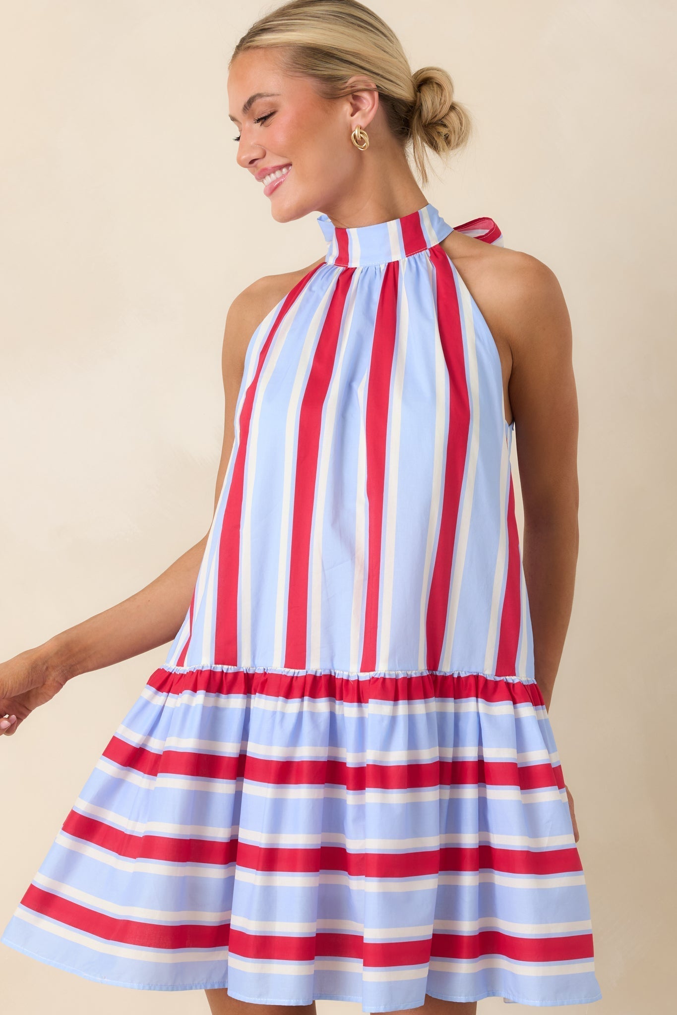 Women's Made for Fireworks Red & Light Blue Stripe Cotton Halter Tiered Midi Dress | 100% Cotton 2
