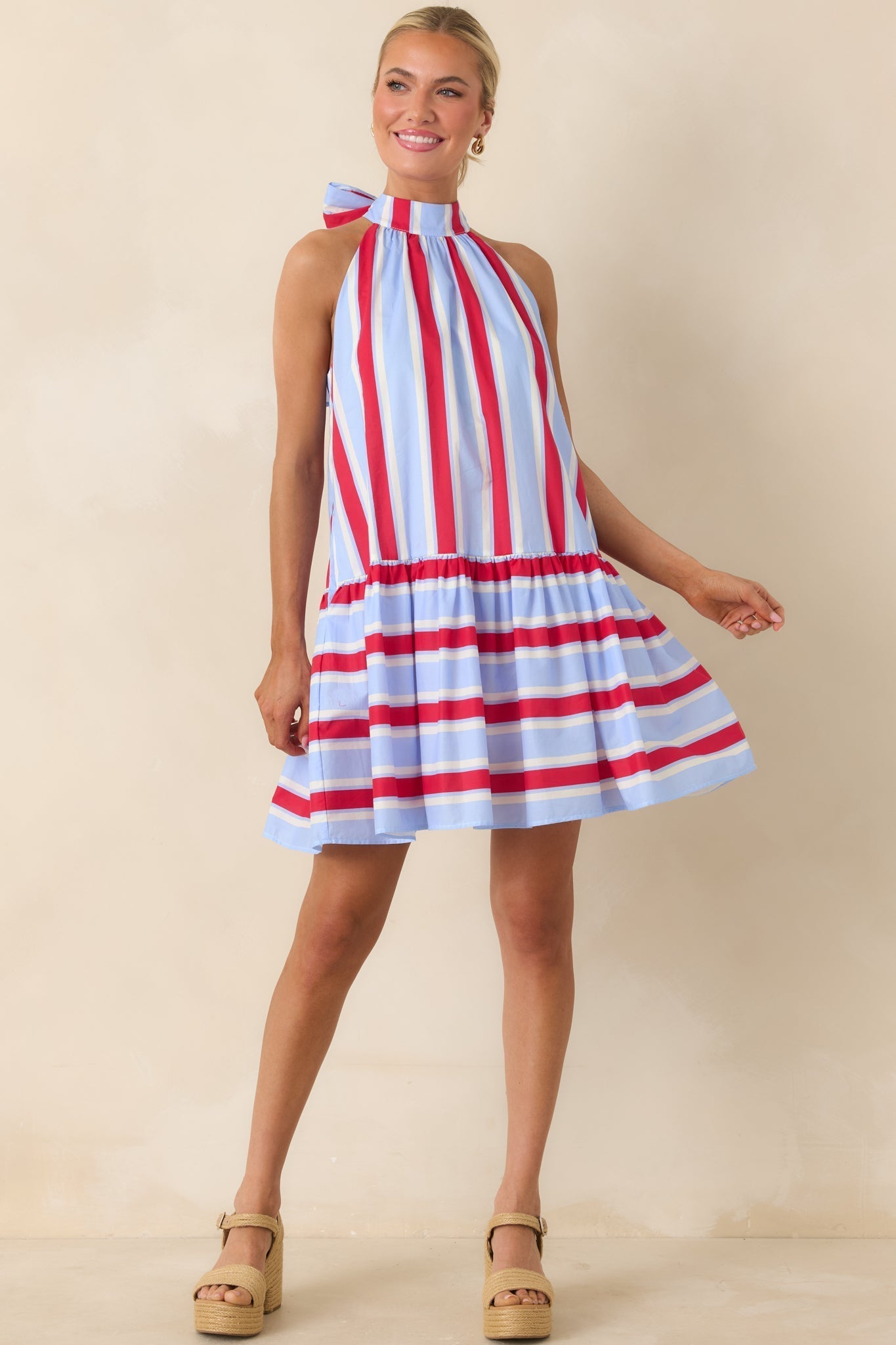 Women's Made for Fireworks Red & Light Blue Stripe Cotton Halter Tiered Midi Dress | 100% Cotton 4