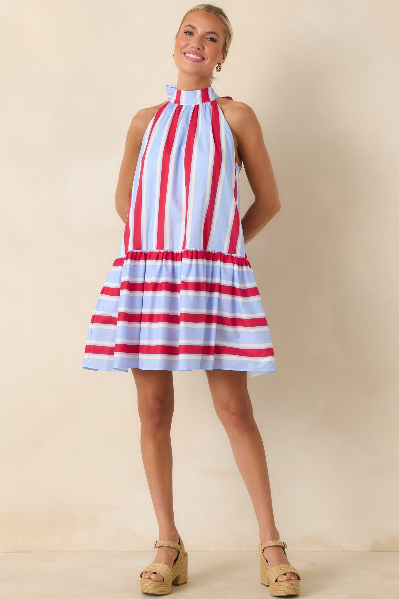 Women's Made for Fireworks Red & Light Blue Stripe Cotton Halter Tiered Midi Dress | 100% Cotton 5