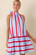 Women's Made for Fireworks Red & Light Blue Stripe Cotton Halter Tiered Midi Dress | 100% Cotton 6