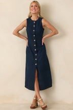 Women's Made to Command Dark Indigo Cotton Denim Button-Front Midi Dress | 100% Cotton 0