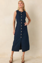 Women's Made to Command Dark Indigo Cotton Denim Button-Front Midi Dress | 100% Cotton 3