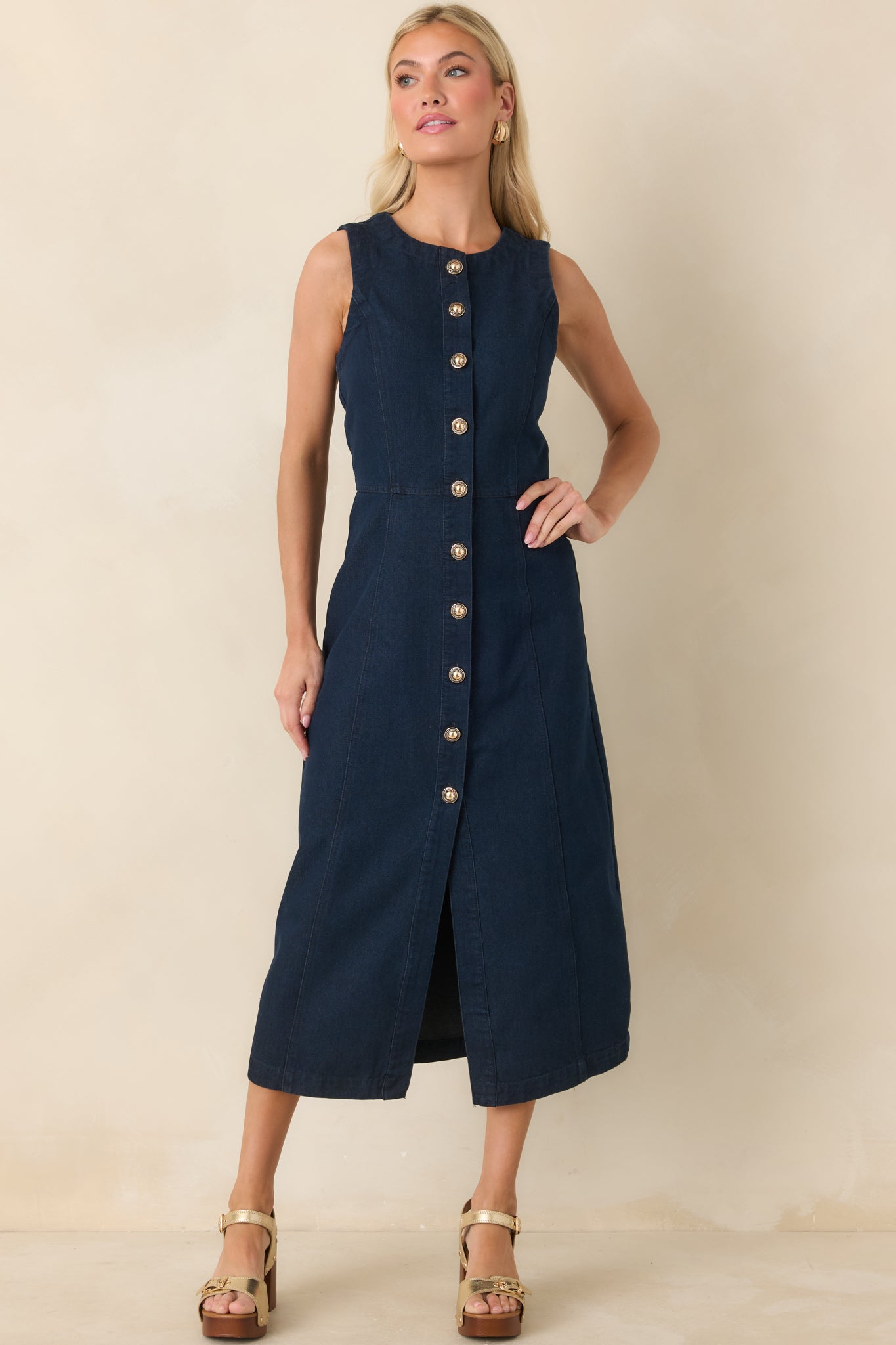 Women's Made to Command Dark Indigo Cotton Denim Button-Front Midi Dress | 100% Cotton 3
