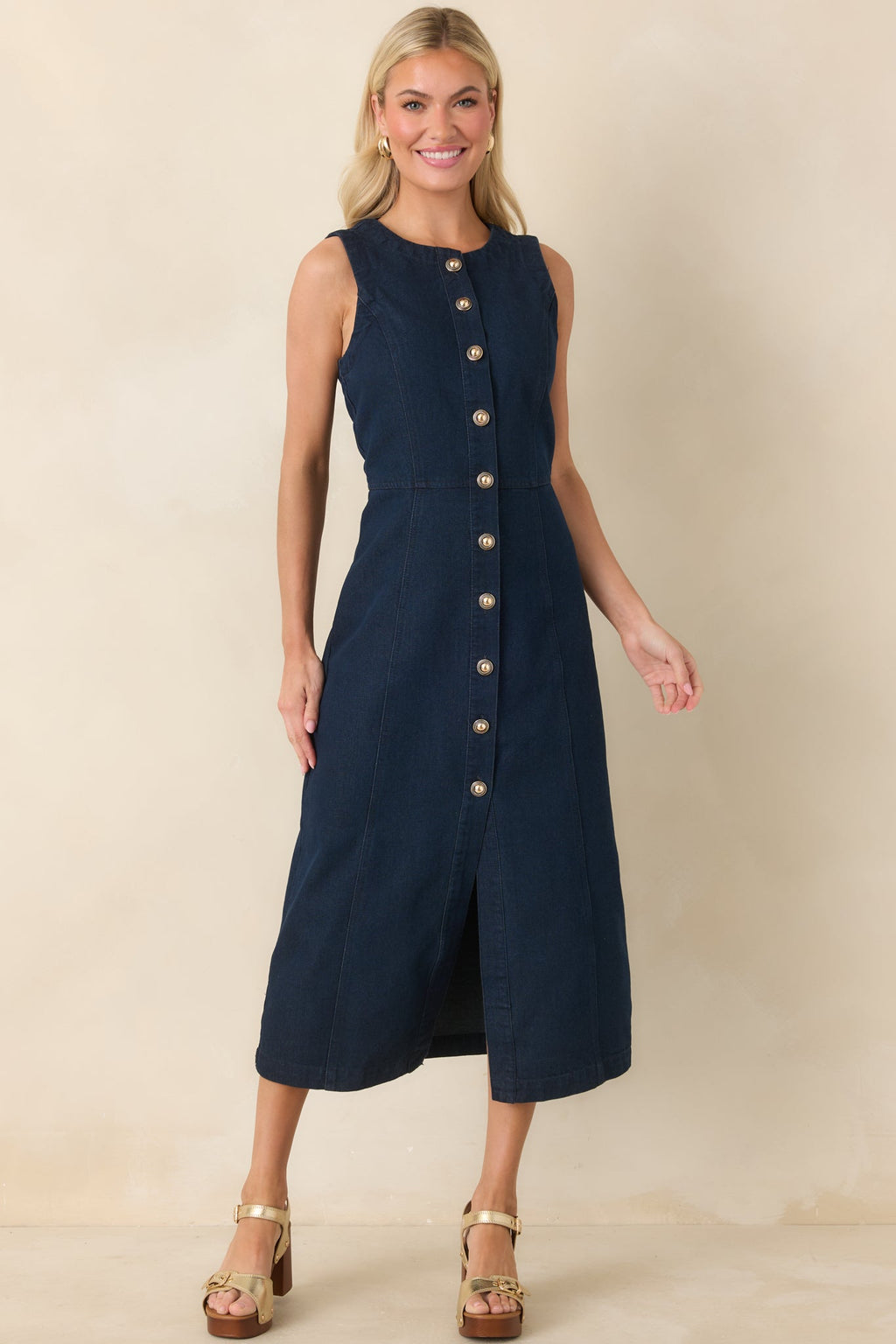 Women's Made to Command Dark Indigo Cotton Denim Button-Front Midi Dress | 100% Cotton 4
