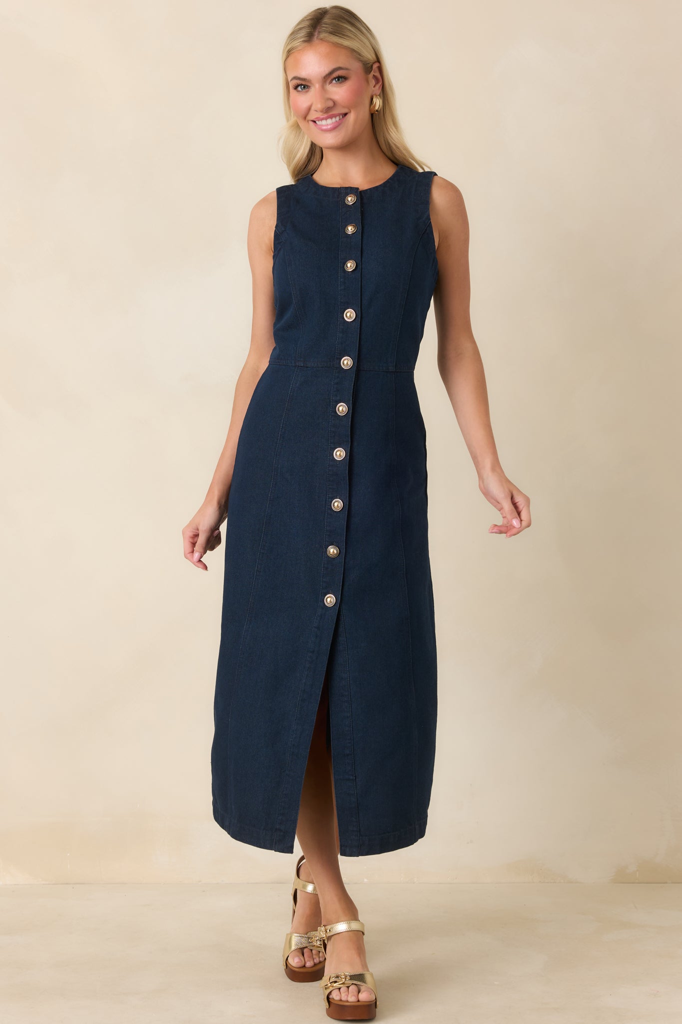 Women's Made to Command Dark Indigo Cotton Denim Button-Front Midi Dress | 100% Cotton 5