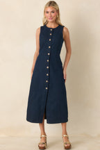Women's Made to Command Dark Indigo Cotton Denim Button-Front Midi Dress | 100% Cotton 6