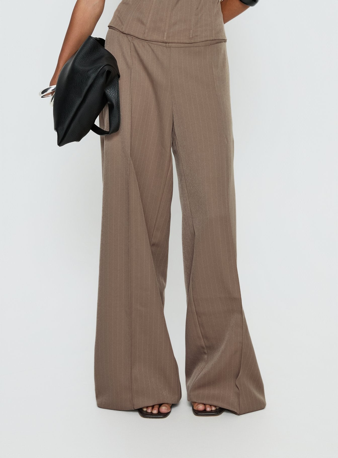 Women's Madelle Mid Rise Straight Leg Pants Brown Pinstripe | Straight leg pants in pinstripe print with mid-ris 1