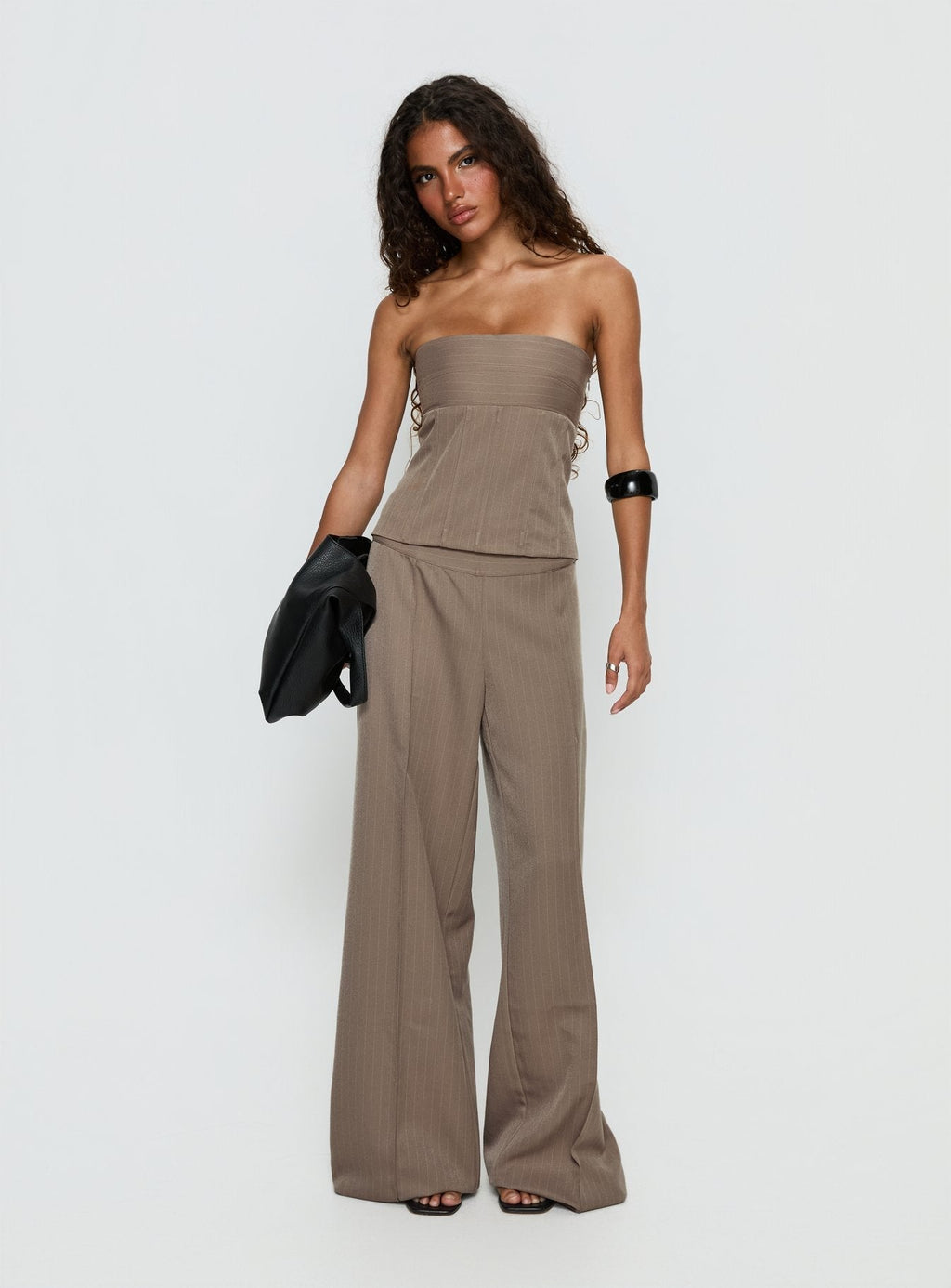 Women's Madelle Mid Rise Straight Leg Pants Brown Pinstripe | Straight leg pants in pinstripe print with mid-ris 2