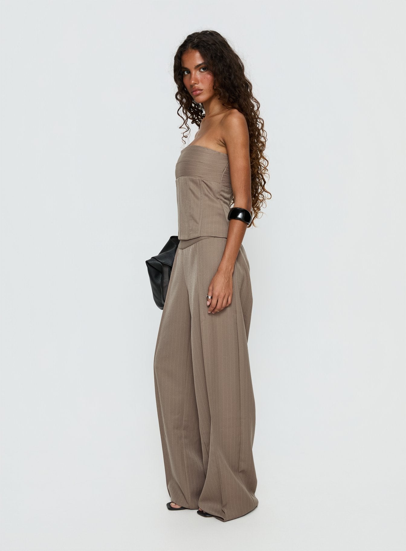 Women's Madelle Mid Rise Straight Leg Pants Brown Pinstripe | Straight leg pants in pinstripe print with mid-ris 3