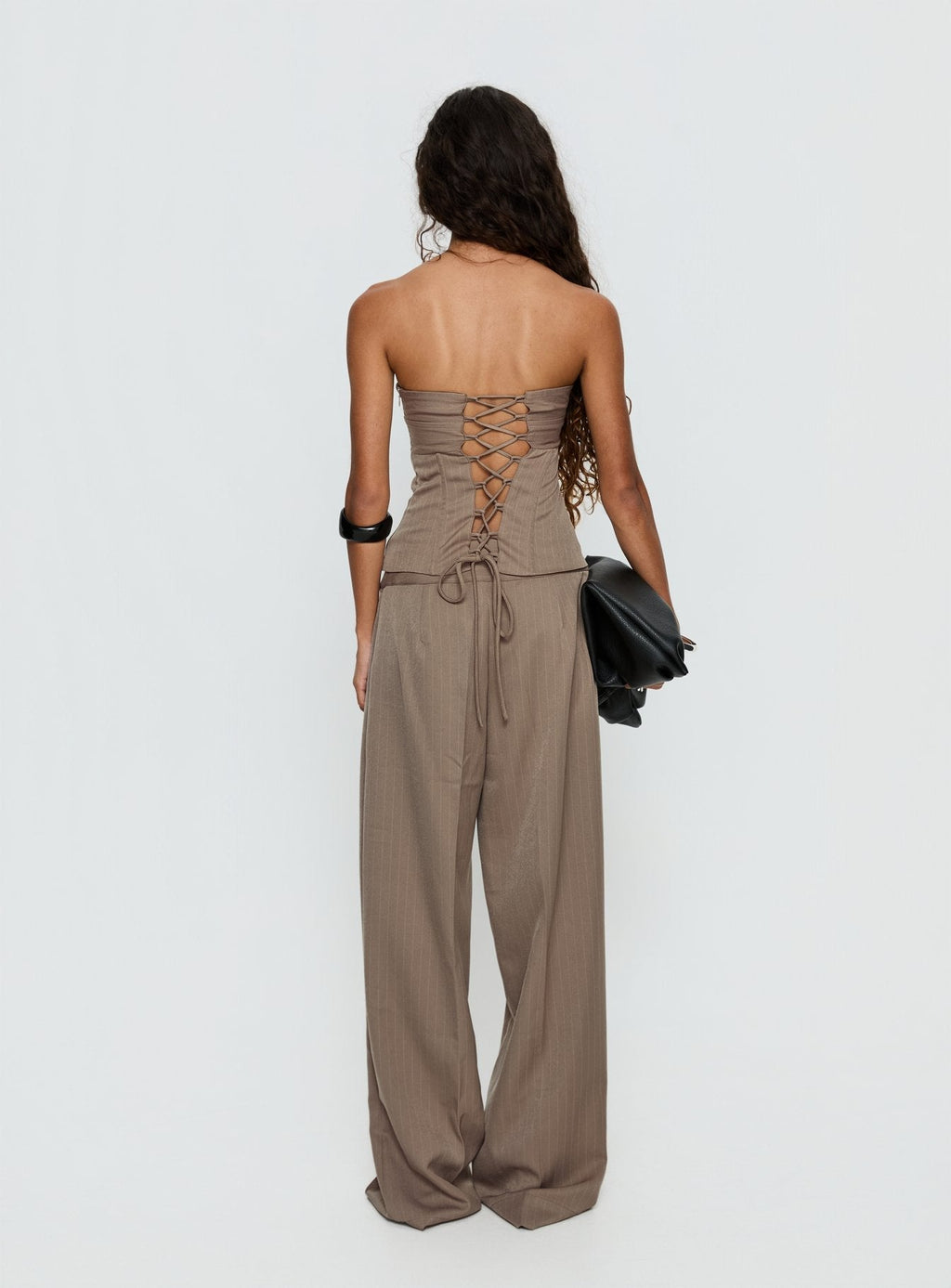 Women's Madelle Mid Rise Straight Leg Pants Brown Pinstripe | Straight leg pants in pinstripe print with mid-ris 4