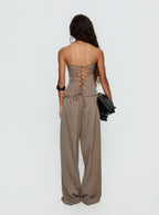 Women's Madelle Mid Rise Straight Leg Pants Brown Pinstripe | Straight leg pants in pinstripe print with mid-ris 4
