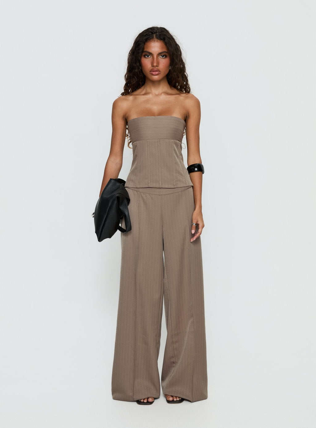 Women's Madelle Mid Rise Straight Leg Pants Brown Pinstripe | Straight leg pants in pinstripe print with mid-ris 6