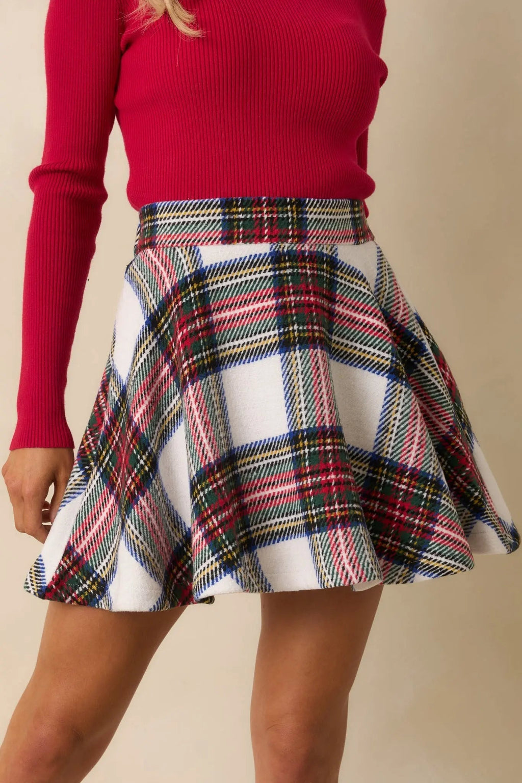 Women's Make It Fun White Multi Plaid Flared Mini Skirt | 100% Polyester 0