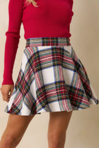 Women's Make It Fun White Multi Plaid Flared Mini Skirt | 100% Polyester 0