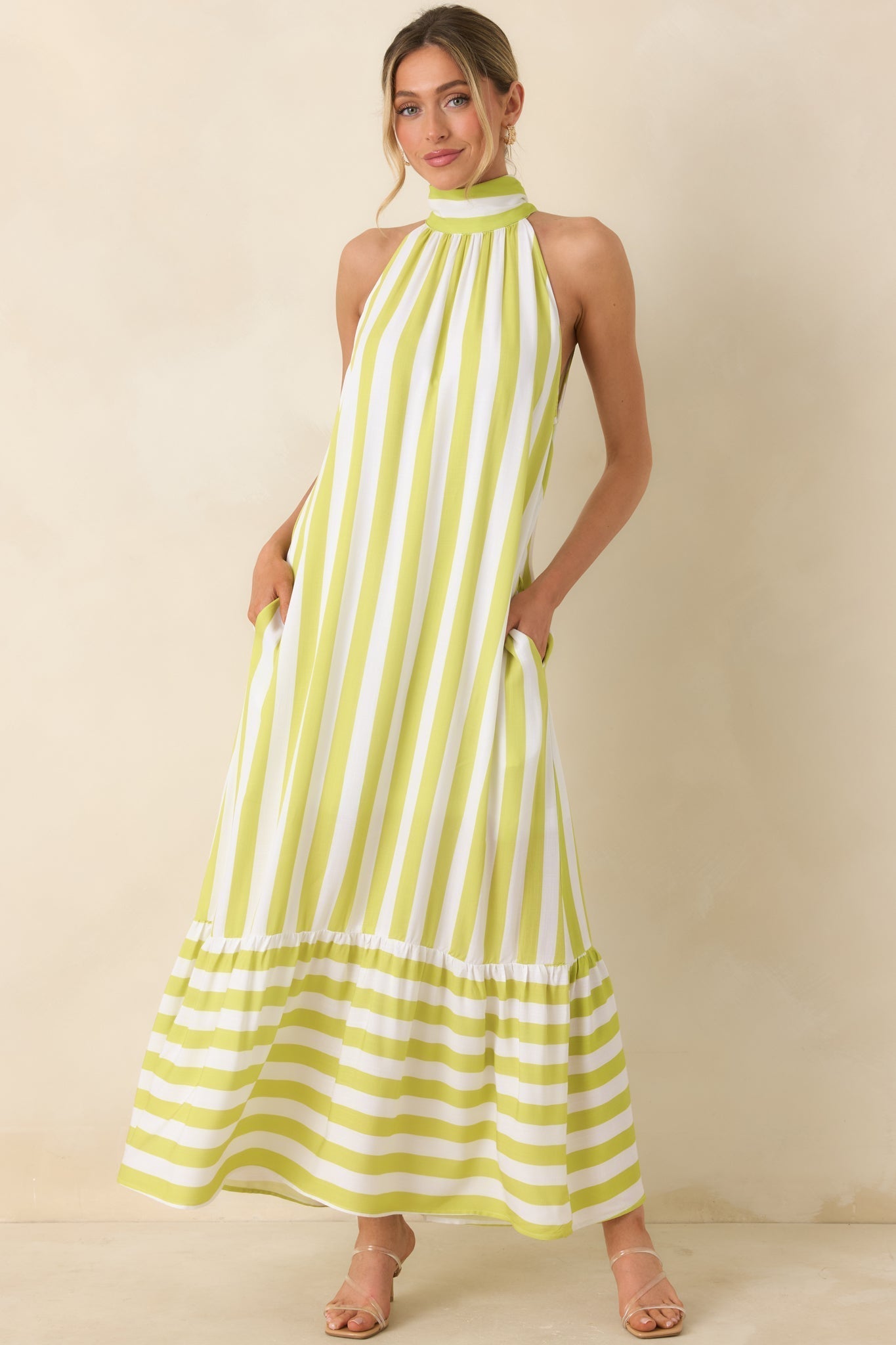 Women's Make Your Move Chartreuse Green & White Stripe Halter Maxi Dress | 100% Rayon 0