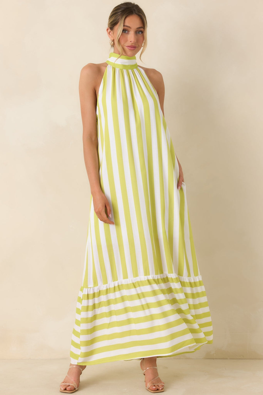 Women's Make Your Move Chartreuse Green & White Stripe Halter Maxi Dress | 100% Rayon 1