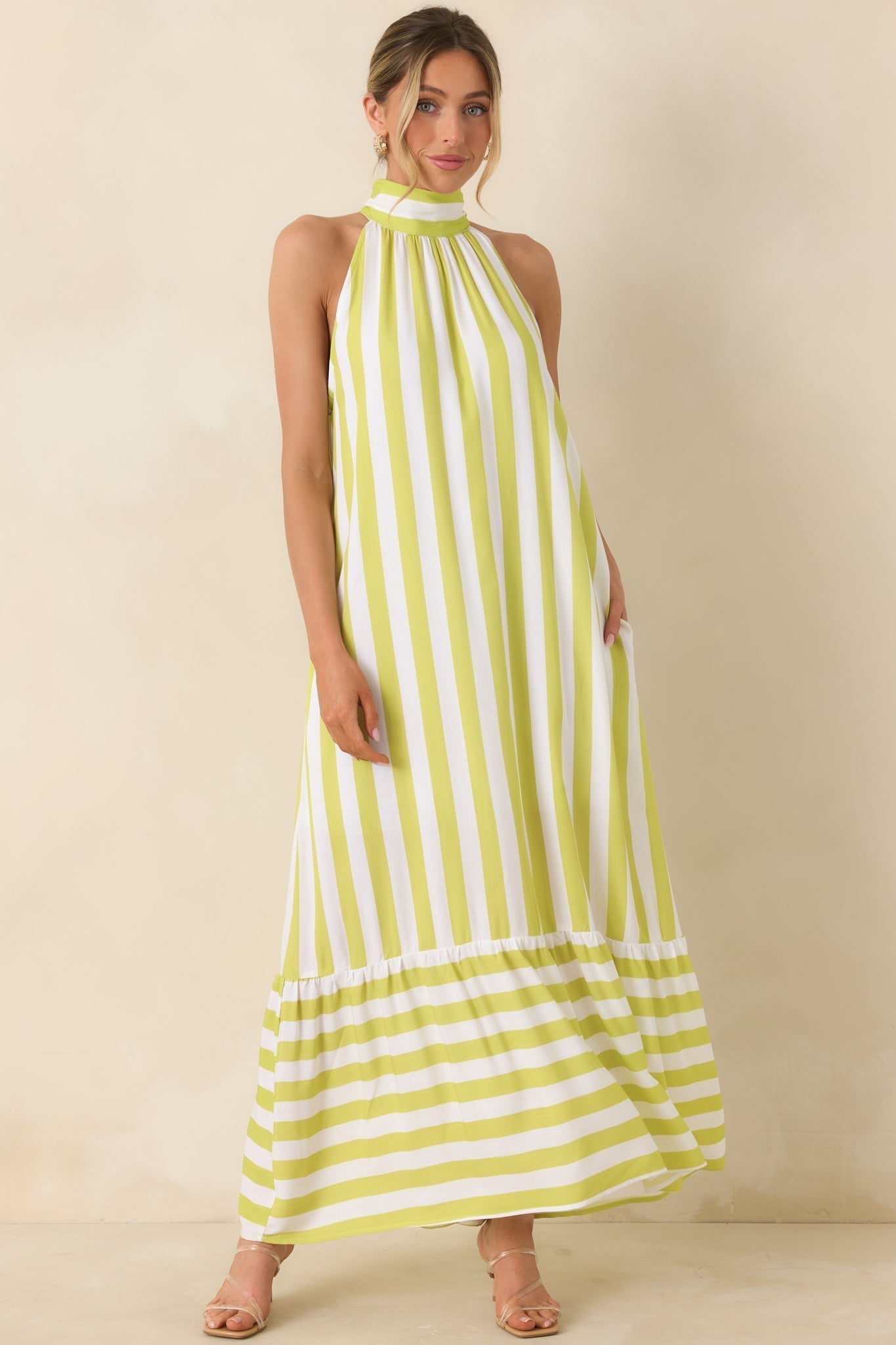Women's Make Your Move Chartreuse Green & White Stripe Halter Maxi Dress | 100% Rayon 1