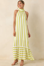 Women's Make Your Move Chartreuse Green & White Stripe Halter Maxi Dress | 100% Rayon 2