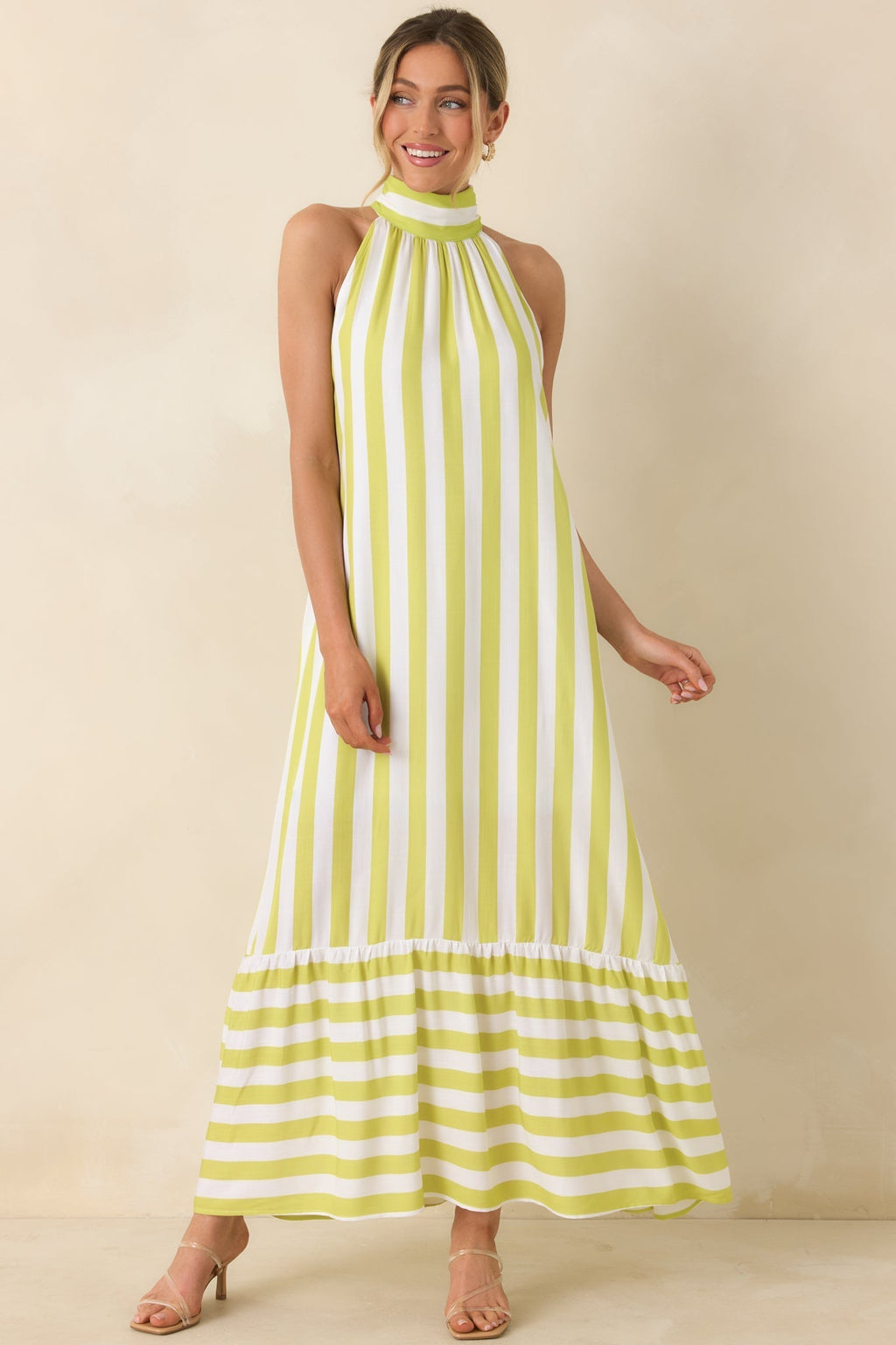 Women's Make Your Move Chartreuse Green & White Stripe Halter Maxi Dress | 100% Rayon 3