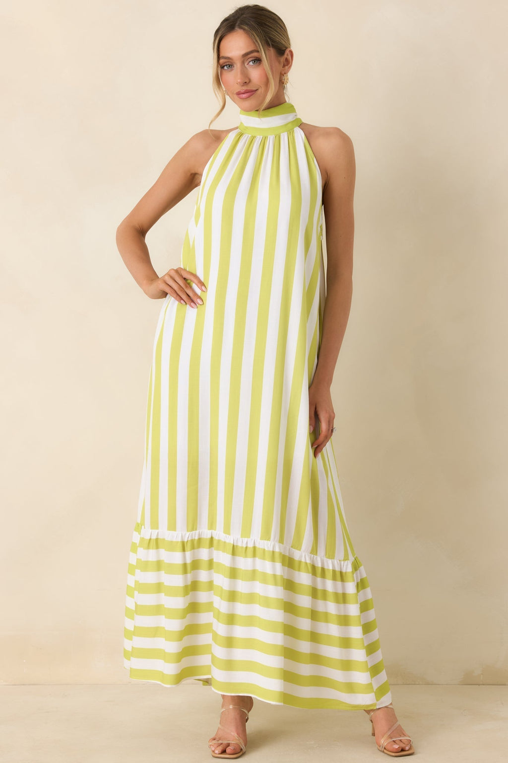 Women's Make Your Move Chartreuse Green & White Stripe Halter Maxi Dress | 100% Rayon 4