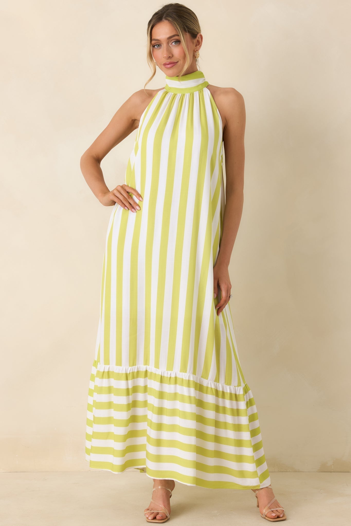 Women's Make Your Move Chartreuse Green & White Stripe Halter Maxi Dress | 100% Rayon 4