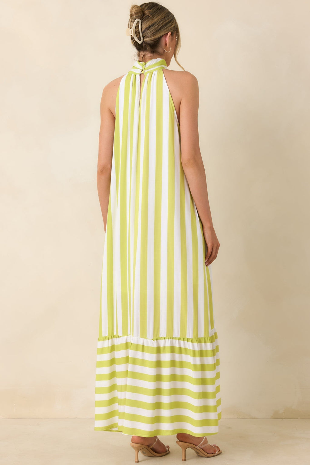 Women's Make Your Move Chartreuse Green & White Stripe Halter Maxi Dress | 100% Rayon 6