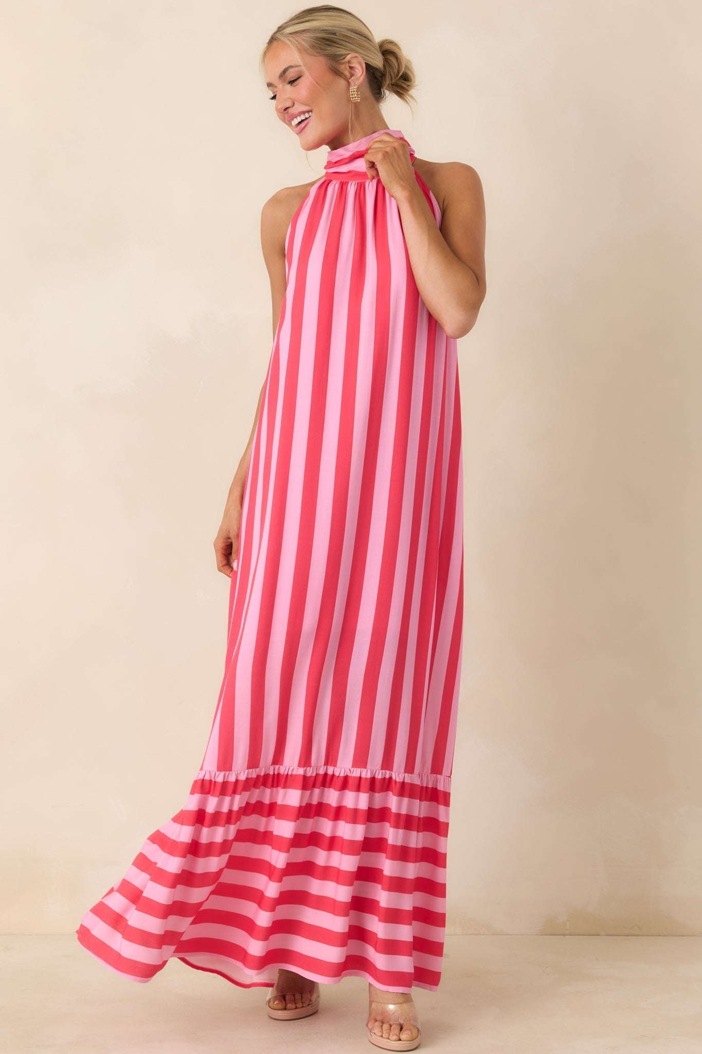 Women's Make Your Move Fuchsia & Light Pink Stripe Halter Maxi Dress | 100% Rayon 0