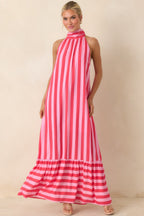 Women's Make Your Move Fuchsia & Light Pink Stripe Halter Maxi Dress | 100% Rayon 2