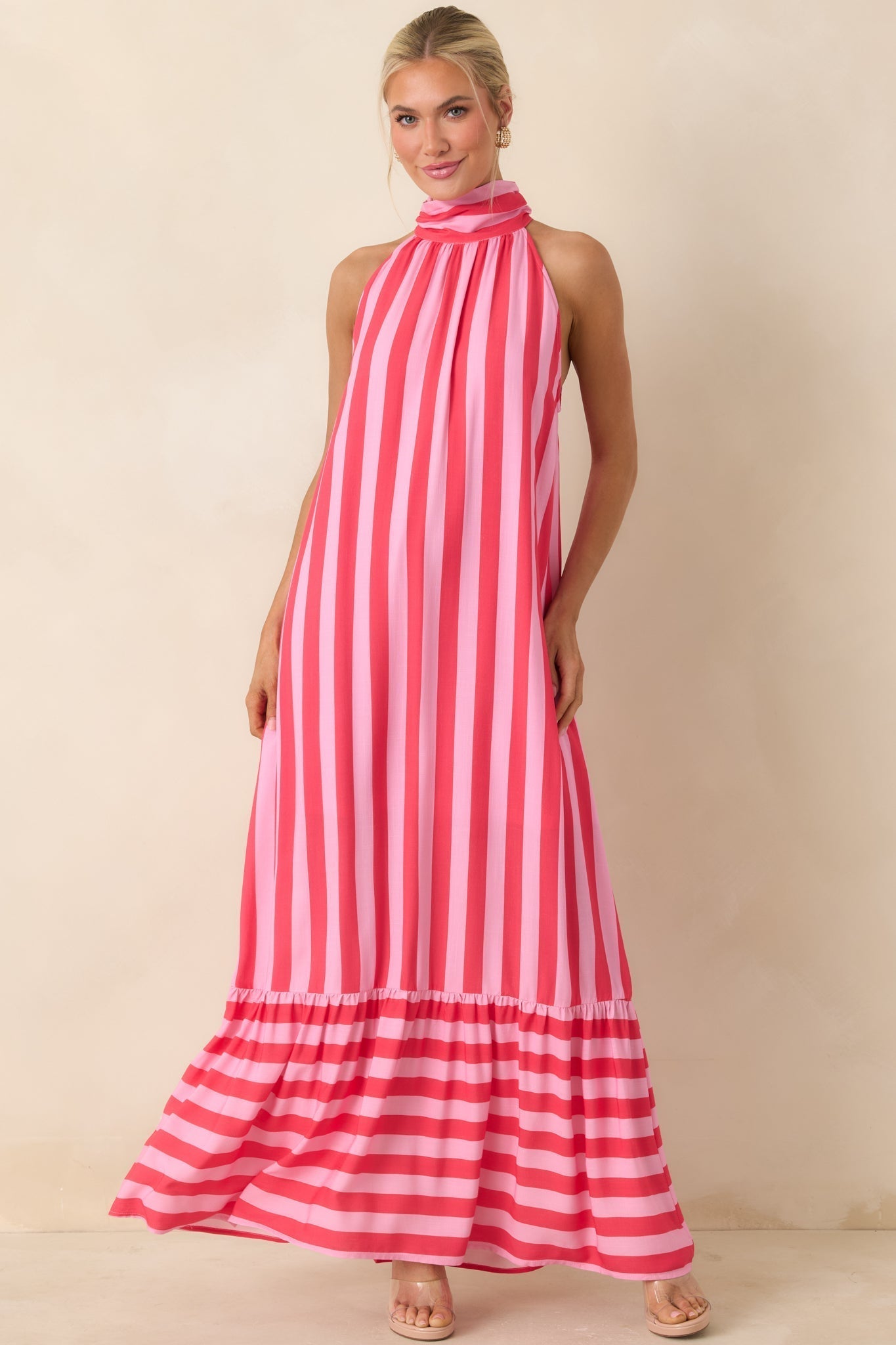 Women's Make Your Move Fuchsia & Light Pink Stripe Halter Maxi Dress | 100% Rayon 2