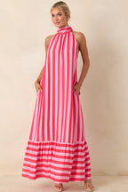 Women's Make Your Move Fuchsia & Light Pink Stripe Halter Maxi Dress | 100% Rayon 3