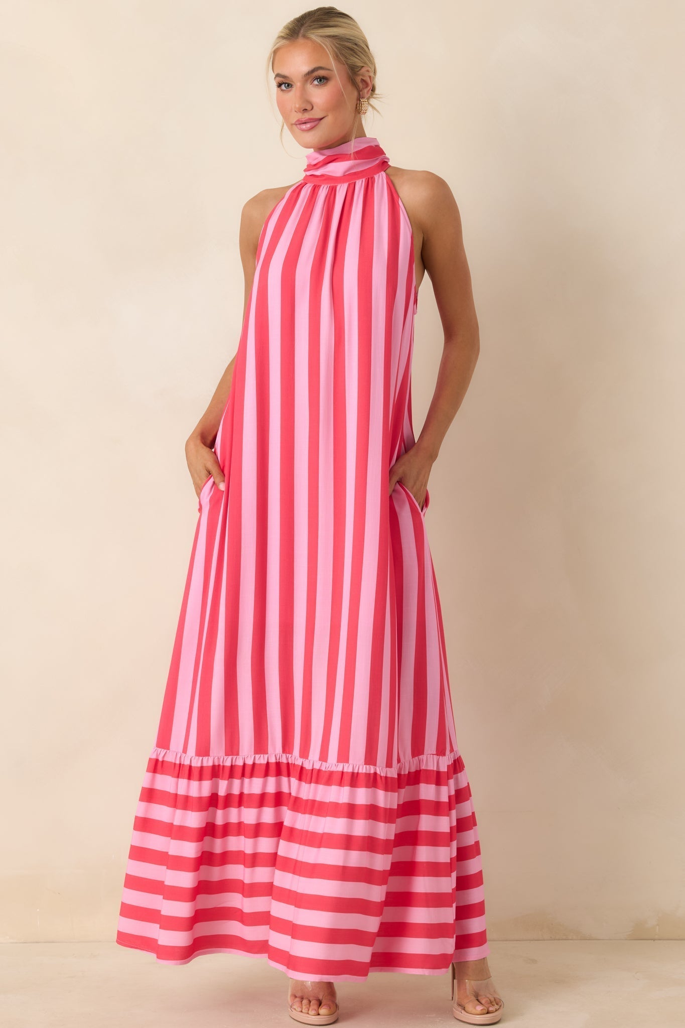 Women's Make Your Move Fuchsia & Light Pink Stripe Halter Maxi Dress | 100% Rayon 3